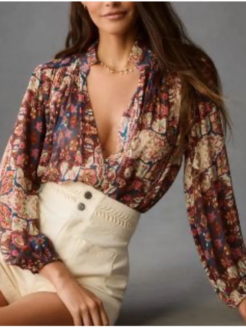 Anthropologie Estela Sheer Printed Blouse Medium Boho Rug Print Balloon Sleeve - Picture 2 of 16